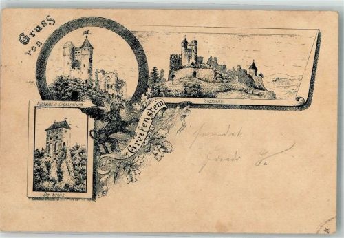 Greifenstein 1897 Vorläufer Druck 1880-1889 Nassauer Glockenturm Greif Burg-Ruine Greifenstein Kirche Bahnpost Köln-Frankfurt Zug 95