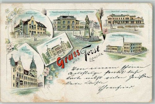 Forst 1901 Lithographie Postamt Amtsgericht Schützenhaus Werkmeisterschule Bahnhof Bismarck-Denkmal