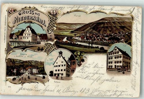 74676 W7119 Niedernhall 1911 Lithographie Fabrik Schaufler und Wundt Rathaus Post Götzenhaus