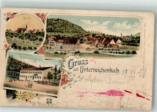 75399 W7267 Unterreichenbach , Kr Calw 1898 Lithographie Gasthaus zum Deutschen Kaiser Dorfkirche
