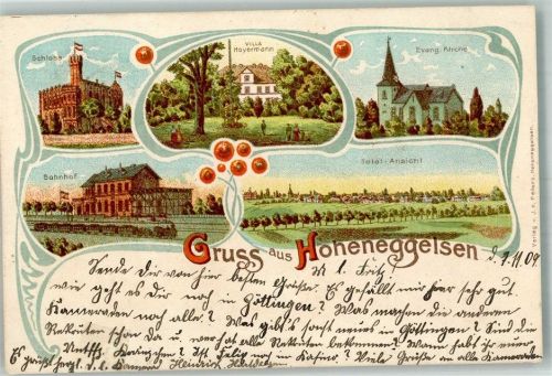 31185 W3201 Hoheneggelsen 1909 Lithographie Schloss Bahnhof Villa Hoyermann Ev. Kirche