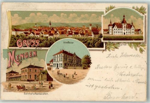 88512 W7947 Mengen , Württ 1900 Lithographie Bahnhof Bahnhof-Gasthaus Hotel Baier Krankenhaus