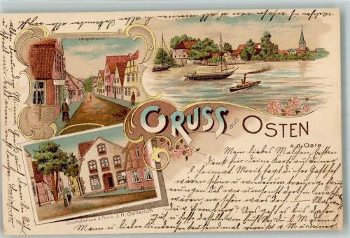 21756 W2176 Osten , Oste 1899 Lithographie Hafen Langestrasse Geschäftshaus Oellerich Bahnpost Hamburg-Cuxhaven Zug 350