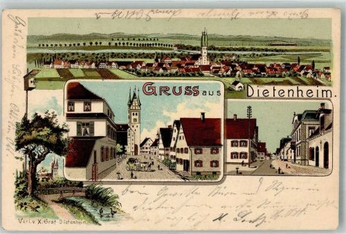 89165 W7905 Dietenheim , Iller 1905 Lithographie Dorfstrasse Kirche St. Martin