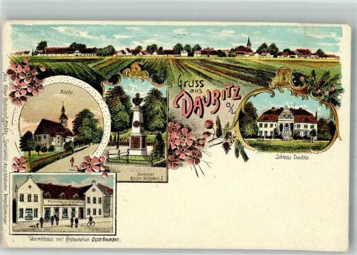 Daubitz 1908 Lithographie Gasthaus-Warenhaus Neumann Kirche Schloss Daubitz Kaiser Wilhelm I.-Denkmal Bahnpost