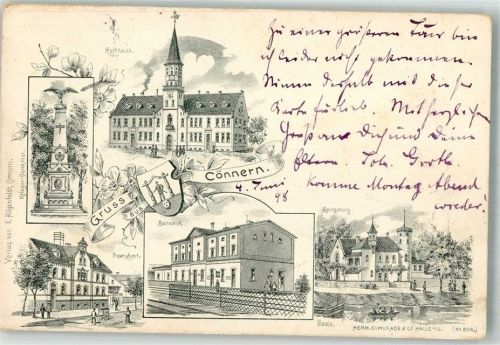 Könnern 1898 Vorläufer Druck um 1890 Kriegerdenkmal Postamt Bahnhof Rathaus Georgsburg Wappen