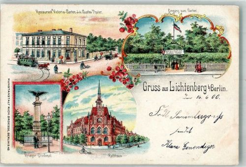 Lichtenberg 1900 Kriegerdenkmal Gasthaus Victoria-Garten Eingang zum Garten