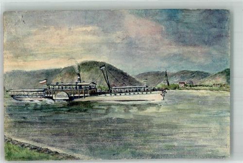 53498 W5484 Niederbreisig 1918 Künstlerkarte Salon-Raddampfer Rhein Bahnpost Frankfurt Zug 1287