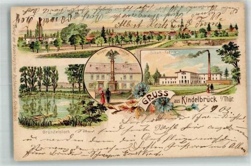 99638 O5233 Kindelbrück 1903 Lithographie Kriegerdenkmal Schuhfabrik l Dorfteich Gründelsloch