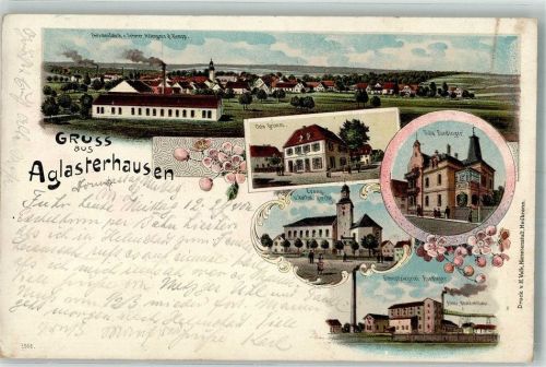 74858 W6955 Aglasterhausen 1899 Lithographie Peitschenfabrik Haus Grimm Ev. Kirche Kath. Kirche Villa Ruedinger Dampfziegelei