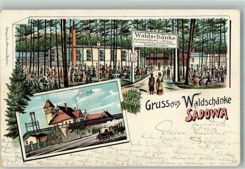 Köpenick 1904 Waldschänke Sadowa Gartenwirtschaft Bahnhof Ort lt. Stempel