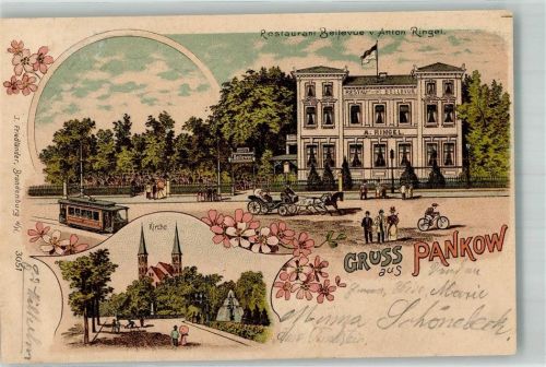 Pankow 1901 Gasthaus Bellevue Strassenbahn Kutsche Kirche Nachporto