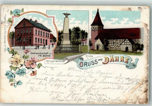 29413 O3561 Dähre 898 Lithographie Kriegerdenkmal Gasthaus Behne Dorfkirche