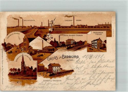 Bedburg 1898 Lithographie Linoleumwerke Wollindustrie Zuckerfabrik Gasthaus Fischer Bahnhof