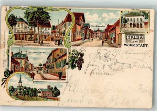Wörrstadt 1901 Neunröhren-Brunnen Hauptstrasse Höhere Bürgerschule Rathaus Bahnpost Mainz-Kirchheimbolanden Zug 432