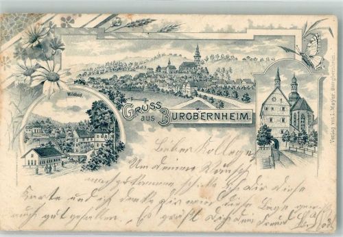 Burgbernheim Vorläufer Druck um 1890 Wildbad Torhaus Kirche St. Johannes der Täufer Schmetterling Feldpost