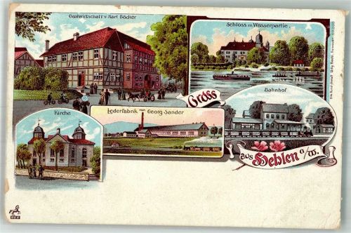 37619 W3452 Hehlen b Holzminden Gebrauchsspuren Lithographie Kirche Lederfabrik Sander Gasthaus Böcker Bahnhof Schloss Stauchung