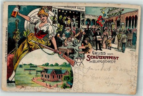 Burgstädt 1902 Lithographie-Künstlerkarte Burgstädter Schützenfest Festgelände Schützenmaid signiert