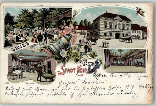 Rötha 1900 Gasthaus Stadt Leipzig Gaststube Billardtisch Saal Garten Bierkrug