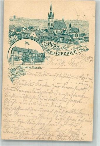 65399 W6229 Kiedrich , Rheingau 1897 Lithographie Vorläufer Druck um 1890 Hotel Engel