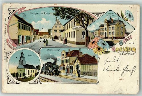 Griesheim Lithographie Marktplatz Rathaus Kirche Staatsbahnhof Neues Schulhaus