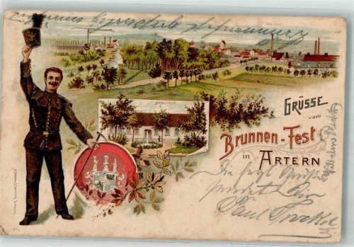 Artern 1903 Brunnen-Fest Bergmann Wappen Badehaus Nachporto Bahnpost Sangerhausen-Erfurt Zug 611