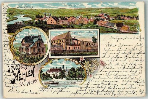 37619 W3452 Hehlen b Holzminden 1902 Lithographie Villa Sander Gasthaus Wesertal Schloss Die Weser
