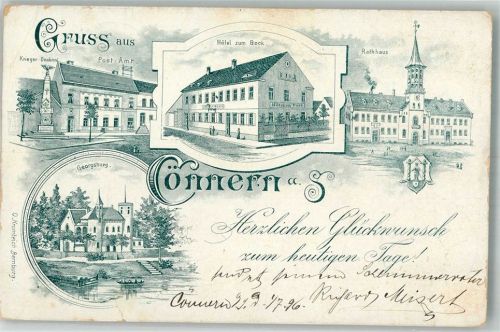 06420 O4340 Könnern 1896 Lithographie Vorläufer Druck um 1890 Kriegerdenkmal Georgsburg Hotel zum Bock Rathaus Wappen