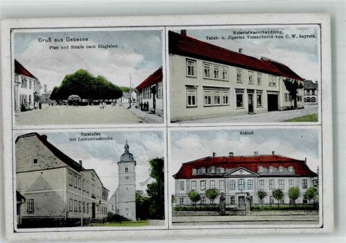 Gebesee 1917 Materialwarenhandlung Beyroth Ratskeller Laurentiuskirche Schloss Bahnpost Zug 502