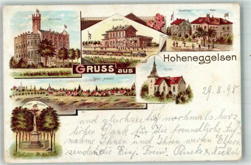 31185 W3201 Hoheneggelsen 1898 Lithographie Schloss Kriegerdenkmal Bahnhof Apotheke Post