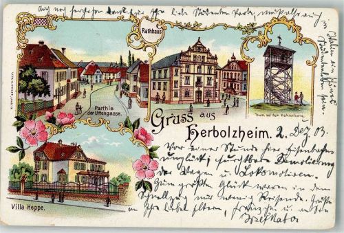 79336 W7834 Herbolzheim , Breisgau 1903 Lithographie Uttenstrasse Villa Heppe Rathaus Aussichtsturm