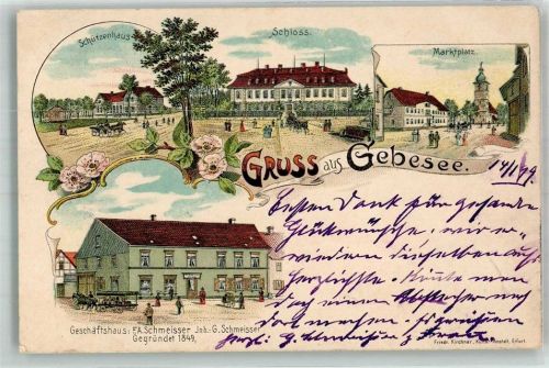 99189 O5102 Gebesee 1899 Lithographie Schloss Schützenhaus Marktplatz Geschäftshaus Schmeisser