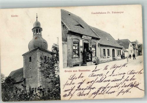 Beesedau Geschäftshaus Fahrmeyer Dorfkirche um 1910 fleckig