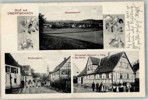 Oberfischach 1911 Jugendstil Dorfstrasse Kinder Gasthaus Schün Bahnpost