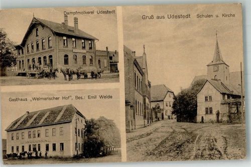99198 O5101 Udestedt - Dorfstrasse Kirche Schule Gasthaus Weimarscher Hof Dampfmolkerei
