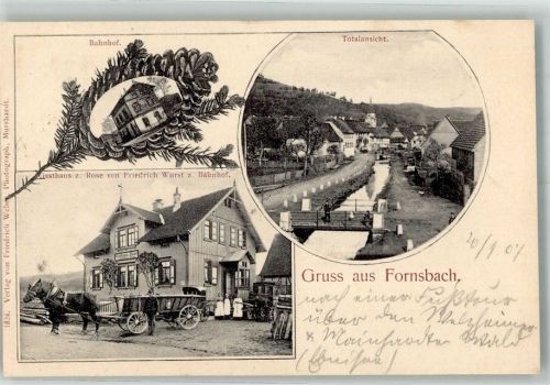 71540 W7157 Fornsbach , Württ 1907 - Bahnhof Gasthaus zur Rose Pferdefuhrwerk Dorfbach