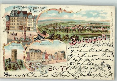 Butzbach 1900 Gasthaus zum goldenen Löwen Hexenturm Marktplatz Bahnpost Kassel-Frankfurt Zug 794