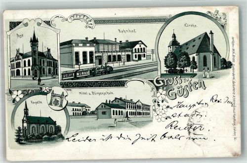 Güsten 1899 Wappen Kapelle Mittel- und Bürgerschule Bahnhof Post