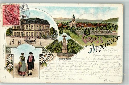 77767 W7604 Appenweier 1901 Lithographie Trachtenpaar Bahnhof-Hotel Kriegerdenkmal