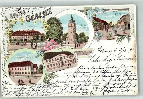 99189 O5102 Gebesee 1898 Lithographie Laurentius-Kirche Schloss Gasthaus zum Ritter Ratskeller Mittelstrasse