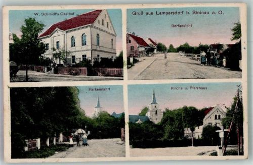 Steinau an der Oder 1912 Lampersdorf Gasthaus Schmidt Dorfansicht Kirche
