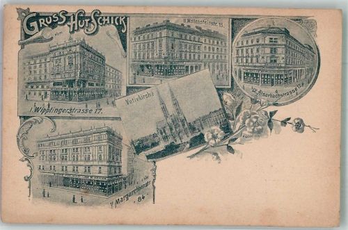 1090 Wien 9. Bezirk, Alsergrund Foto AK Votiv- Kirche Gruss vom Hutschick Geschäft Alsebachstrasse 12