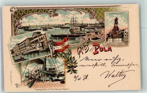 Pula 1898 Hafen Denkmal Tegetthoff S.M,S. Kronprinz Rudolf