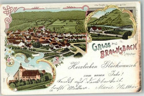Braunsbach 1903 Schloss Villa Pfeifer Neue Kocher-Brücke Neujahreskarte