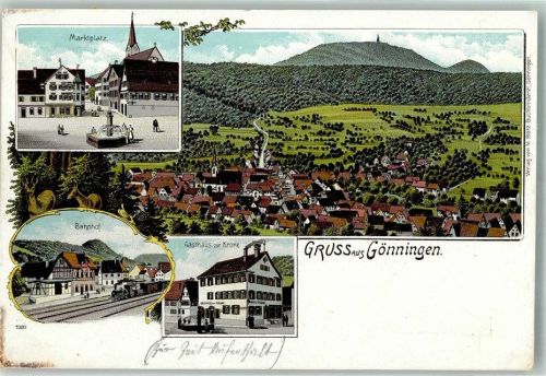 Gönningen 1906 Bahnhof Marktplatz Marktbrunnen Gasthaus zur Krone