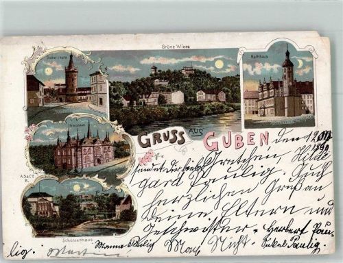 Guben 1899 Schützenhaus Rathaus Kreishaus Dicker Turm Grüne Wiese Lithogaphie