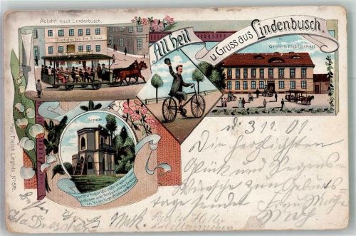 Lipce Lindenbusch 1901 Gebrauchsspuren Fahrrad Pferdestraßenbahn Gasthaus zu den drei Kronen Lithographie