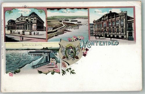 Montevideo Theater Schwimmbad Strand Arena Wappen Lithographie