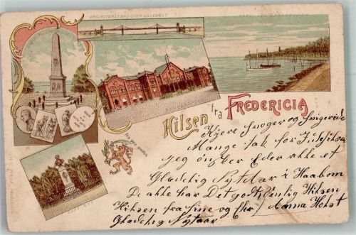 Fredericia 1901 Denkmal Könige Obelisk und Olaf Rye Lithographie