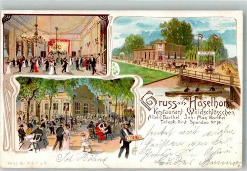 10115 W1000 Haselhorst 1902 Lithographie Gasthaus Waldschlösschen Gartenwirtschaft Ballsaal